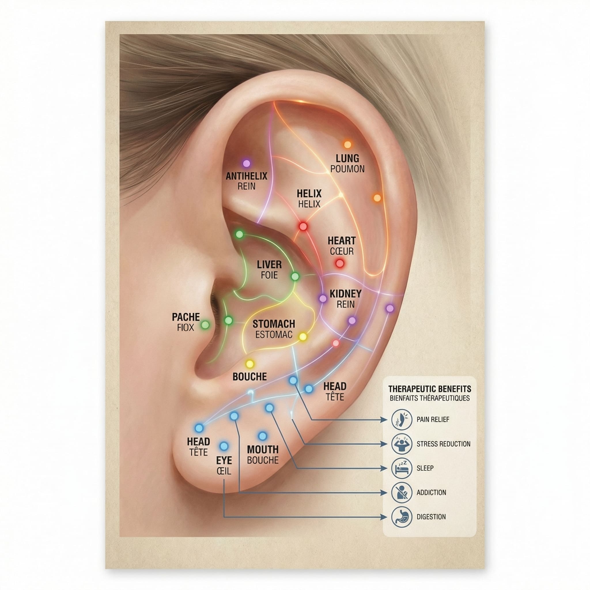 Acupuncture auriculaire : points, carte de l'oreille et bienfaits